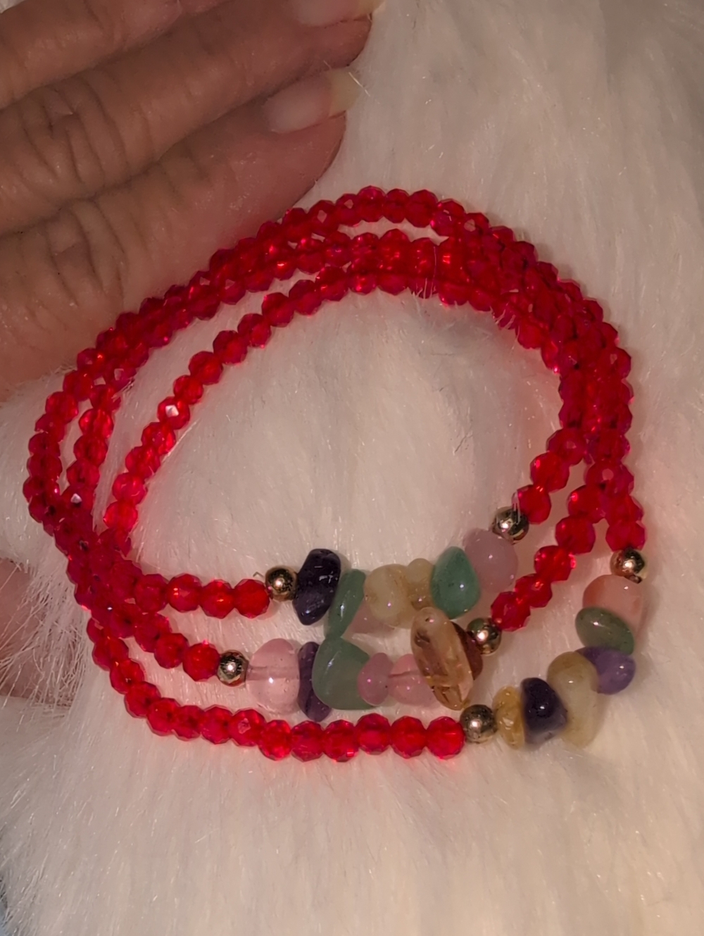 Beaded Stretch Bracelet Set with Red Faceted Beads and Multi-Color Gem Accents
